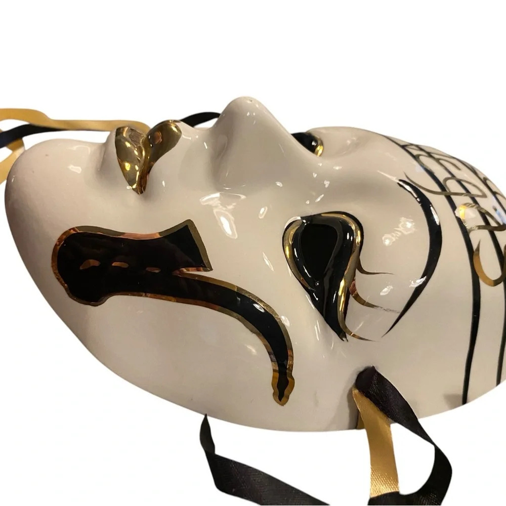 vintage venetian handmade ceramic gold black  and and white las vegas jazz mask - Picture 4 of 6